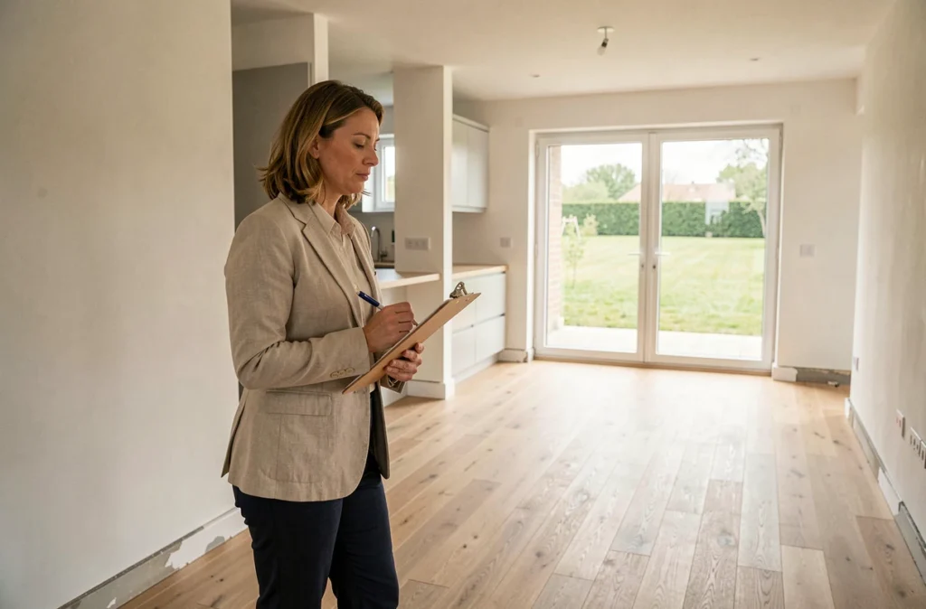Inspection intérieure d'une maison neuve construite par un constructeur dans la Somme avec parquet et murs blancs